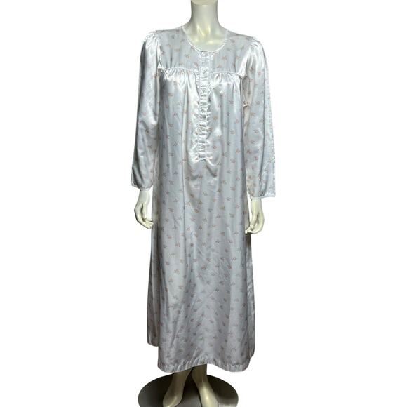 Vintage Satin Floral Nightgown, White with Pink Roses, Size Small - Picture 1 of 9